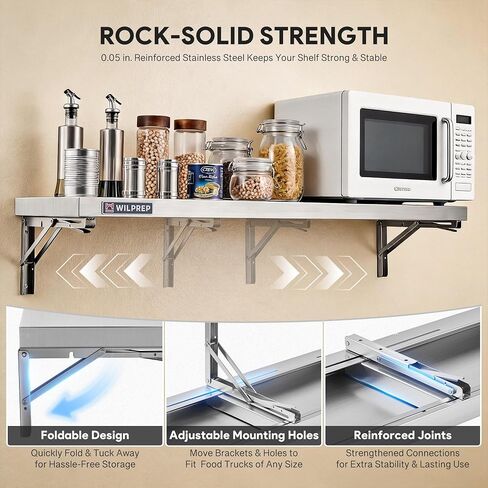 Wilprep Stainless Steel Shelf, 12"x 48" Folding Shelf Commercial Shelf for Kitchen Wall, 220lb Metal Foldable Storage Shelf with & Support Brackets for Restaurant Kitchen Laundry Room Garage in Kuwait