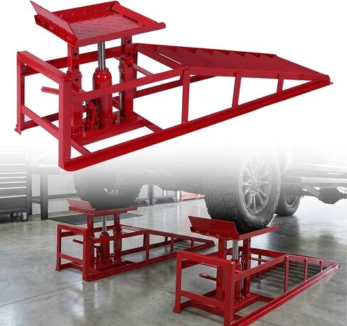 2 PCS Hydraulic Car Ramps, 5 Ton (11065LBS) Heavy-Duty Steel Lift Ramps, 9.8"-15" Adjustable High Lift with Hydraulic Jack, for Garage Oil Change, Vehicle & Truck Repair （Red） in Kuwait