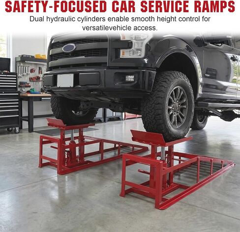 2 PCS Hydraulic Car Ramps, 5 Ton (11065LBS) Heavy-Duty Steel Lift Ramps, 9.8"-15" Adjustable High Lift with Hydraulic Jack, for Garage Oil Change, Vehicle & Truck Repair （Red） in Kuwait