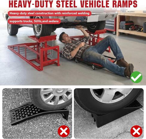 2 PCS Hydraulic Car Ramps, 5 Ton (11065LBS) Heavy-Duty Steel Lift Ramps, 9.8"-15" Adjustable High Lift with Hydraulic Jack, for Garage Oil Change, Vehicle & Truck Repair （Red） in Kuwait