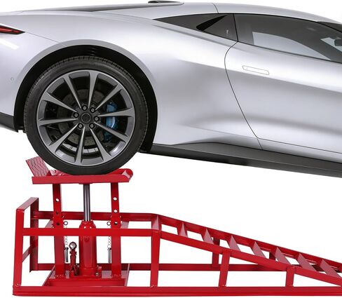 2 PCS Hydraulic Car Ramps, 5 Ton (11065LBS) Heavy-Duty Steel Lift Ramps, 9.8"-15" Adjustable High Lift with Hydraulic Jack, for Garage Oil Change, Vehicle & Truck Repair （Red） in Kuwait