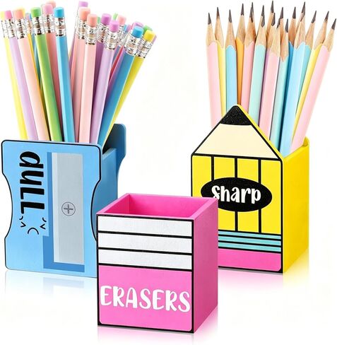 3-Piece Sharp and Dull Pencil Holder Eraser Buckets, No-Install Wooden Pencil Dispenser for School Teachers Classroom Organization (Cute) in Saudi Arabia