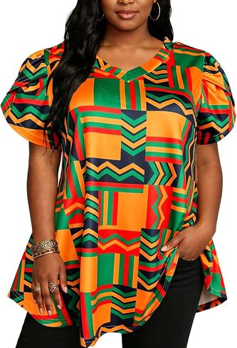Afibi Womens Print Shirt African Dashiki Short Sleeve V Neck Loose Tunic Tops in Saudi Arabia