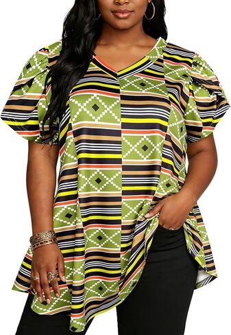 قميص نسائي مطبوع من Afibi الأفريقية Dashiki بأكمام قصيرة ورقبة على شكل حرف V فضفاض in Kuwait