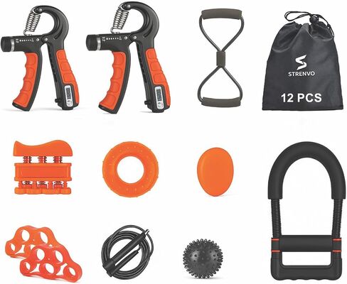 Hand Grip Strengthener Complete Set – 12 PCS | Forearm, Finger, Wrist & Hand Exerciser Kit for Men & Women | Adjustable Resistance, Finger Stretcher, Therapy Ball & More | Home & Office Workout in Kuwait