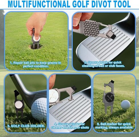 2pcs 7-in-1 Golf Divot Repair Tool and Ball Marker, Multifunctional Divot Tool Fixer with Brush & Thin Tines Groove Cleaner Golf Accessories for Men Golfers Gifts in Kuwait