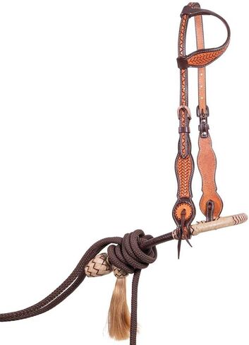 Schneiders Double S One Ear Bosal Set | Complete One Ear Bosal Set, Adjustable Size, Comfortable for Sensitive Noses, Basketweave Tooled Design, Soft Poly Mecate | in Kuwait
