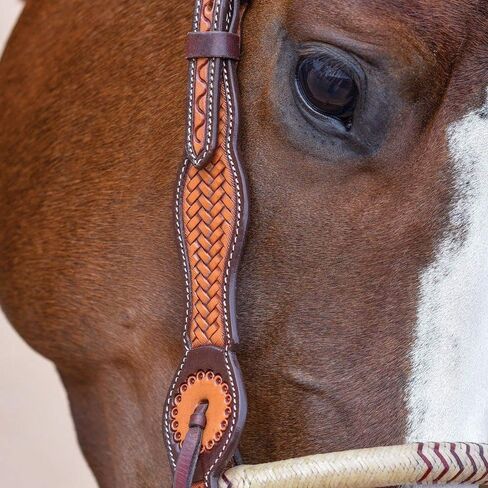 Schneiders Double S One Ear Bosal Set | Complete One Ear Bosal Set, Adjustable Size, Comfortable for Sensitive Noses, Basketweave Tooled Design, Soft Poly Mecate | in Kuwait