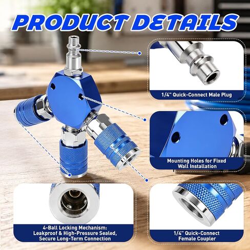 1/4 NPT 3-Way Hex Air Hose Splitter توصيل سريع لتركيب الهواء | أجزاء ضاغط ألومنيوم شديدة التحمل مقاومة للتسرب 300 رطل لكل بوصة مربعة، أدوات متعددة بدون تبديل خرطوم، تناسب تركيبات خرطوم الهواء لمتجر السيارات في المرآب in Kuwait