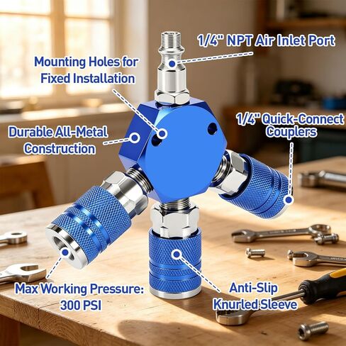 1/4 NPT 3-Way Hex Air Hose Splitter توصيل سريع لتركيب الهواء | أجزاء ضاغط ألومنيوم شديدة التحمل مقاومة للتسرب 300 رطل لكل بوصة مربعة، أدوات متعددة بدون تبديل خرطوم، تناسب تركيبات خرطوم الهواء لمتجر السيارات في المرآب in Kuwait