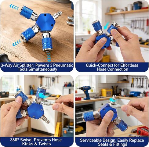 1/4 NPT 3-Way Hex Air Hose Splitter توصيل سريع لتركيب الهواء | أجزاء ضاغط ألومنيوم شديدة التحمل مقاومة للتسرب 300 رطل لكل بوصة مربعة، أدوات متعددة بدون تبديل خرطوم، تناسب تركيبات خرطوم الهواء لمتجر السيارات في المرآب in Kuwait