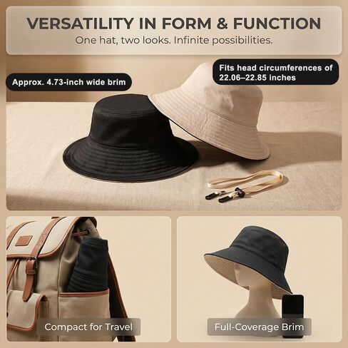 Womens Sun Hats,Wide Brim Reversible Bucket Cotton Hat Packable Summer Travel Cap with Hat Clip in Kuwait