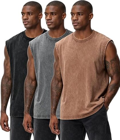Men's 3-Pack Sleeveless Tank Tops Gym Muscle Washed Workout Tees Loose-Fit Athletic T-Shirts in Saudi Arabia