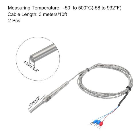 MECCANIXITY 2pcs PT100 RTD Thermocouple Stainless Steel M8 Temperature Sensor Probe -50 to 500C 6.6ft 5x50mm in Kuwait