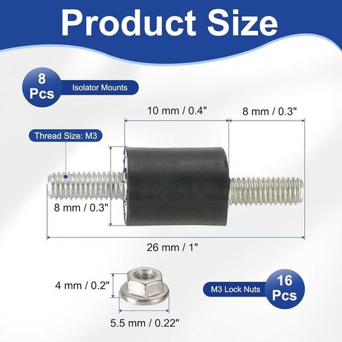 PATIKIL M3 8x10mm Rubber Isolator Mounts, 8 Pcs Rubber Studs Shock Absorber Anti-Vibration Isolation Damping Mounts with Lock Nuts for Motor, Air Compressor, Engines (26mm Height) in Kuwait