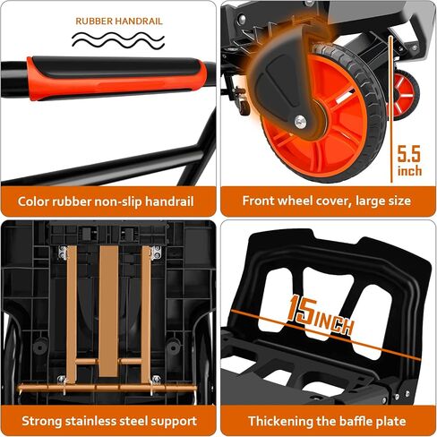 Folding Hand Truck, Dolly Cart Heavy Duty with 440lbs Capacity & 4 Wheels, Portable Hand Truck Dolly, 2in1 Transform Hand Cart, Collapsible Small Platform Cart for Home/Office/Travel Use, Easy Storage in Kuwait