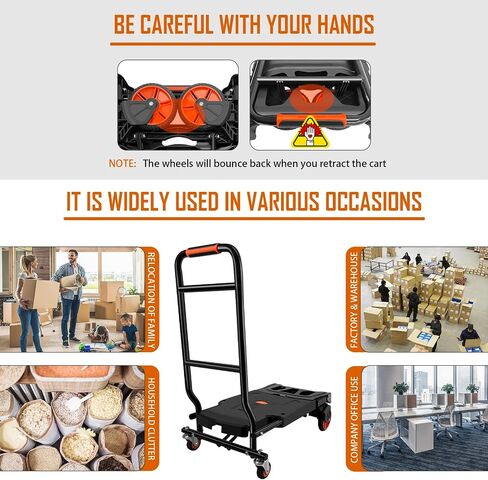 Folding Hand Truck, Dolly Cart Heavy Duty with 440lbs Capacity & 4 Wheels, Portable Hand Truck Dolly, 2in1 Transform Hand Cart, Collapsible Small Platform Cart for Home/Office/Travel Use, Easy Storage in Kuwait