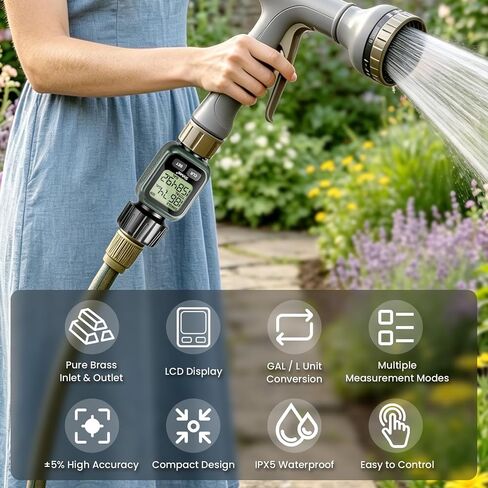 Water Flow Meter, ±5% Accuracy, Brass Inlet Metal Thread, 4 Measure Modes, Gallon/Liter Consumption & Flow Rate for Garden Hose, Lawn Sprinkler, RV Water Tank Filling, Nozzle Sprayer in Kuwait