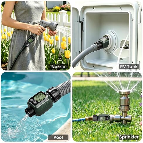 Water Flow Meter, ±5% Accuracy, Brass Inlet Metal Thread, 4 Measure Modes, Gallon/Liter Consumption & Flow Rate for Garden Hose, Lawn Sprinkler, RV Water Tank Filling, Nozzle Sprayer in Kuwait
