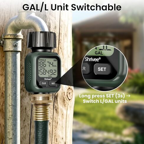Water Flow Meter, ±5% Accuracy, Brass Inlet Metal Thread, 4 Measure Modes, Gallon/Liter Consumption & Flow Rate for Garden Hose, Lawn Sprinkler, RV Water Tank Filling, Nozzle Sprayer in Kuwait