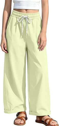 Girls Elastic Waist Drawstring Wide Leg Pants Rolled Hem Casual Trousers with Pockets Comfy Sweatpants Size 4-15T in Kuwait