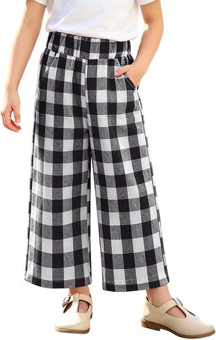 Girls Plaid Wide Leg Pants High Waisted Casual Loose Trousers with Pockets Lightweight Sweatpants for Kids Summer in Kuwait