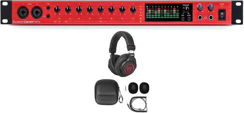 حزمة توفير الصوت: Focusrite Clarett+ 8 واجهة تسجيل صوت USB-C، و8 مضخمات ميكروفون/JFET/ADAT مع سماعات رأس Rockville PRO-M50 SR Studio + كابل ملف قابل للفصل + حافظة + وسادة أذن (عنصران) in Kuwait