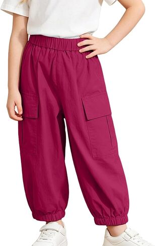 Girls Elastic High Waist Cargo Jogger Pants Loose Casual Trousers with Pockets Lightweight Sweatpants Size 2-15T in Kuwait