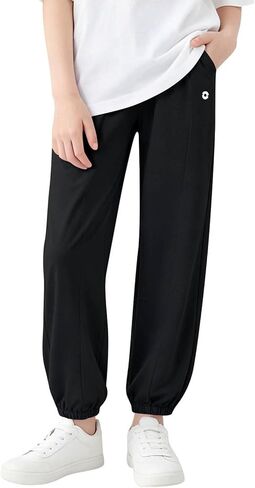 Girls Elastic High Waist Jogger Pants Casual Loose Fit Trousers Lightweight Athletic Cloth with Pockets Size 1-15T in Kuwait