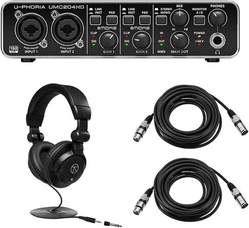 Behringer U-Phoria UMC204HD Audiophile 2x4 USB Audio/MIDI واجهة مع مضخمات ميكروفون MIDAS، حزمة مع سماعات الرأس وكابل ميكروفون 2x in Kuwait