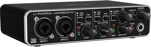 Behringer U-Phoria UMC204HD Audiophile 2x4 USB Audio/MIDI واجهة مع مضخمات ميكروفون MIDAS، حزمة مع سماعات الرأس وكابل ميكروفون 2x in Kuwait