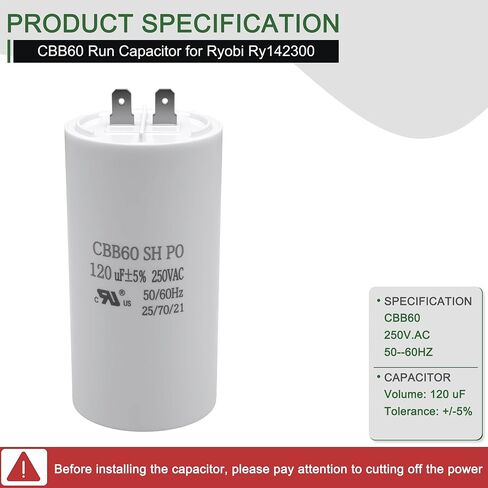 CBB60 Motor Run Capacitor, Compatible with Ryo-bi Pressure Washer Ry142300, 120uF 250VAC 120MFD, UL Listed in Kuwait