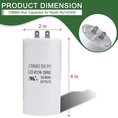 CBB60 Motor Run Capacitor, Compatible with Ryo-bi Pressure Washer Ry142300, 120uF 250VAC 120MFD, UL Listed in Kuwait