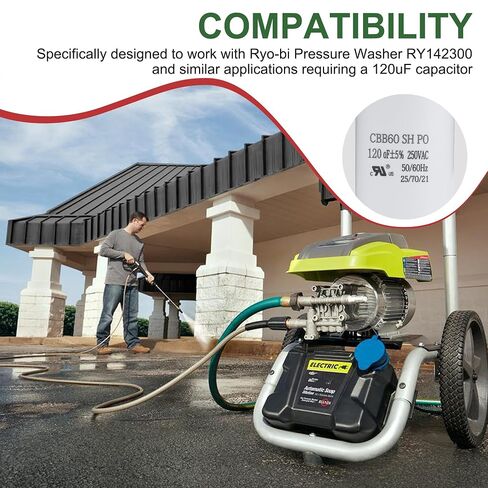 CBB60 Motor Run Capacitor, Compatible with Ryo-bi Pressure Washer Ry142300, 120uF 250VAC 120MFD, UL Listed in Kuwait