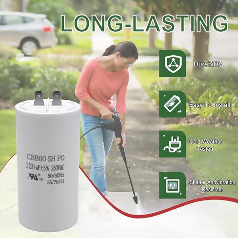 CBB60 Motor Run Capacitor, Compatible with Ryo-bi Pressure Washer Ry142300, 120uF 250VAC 120MFD, UL Listed in Kuwait