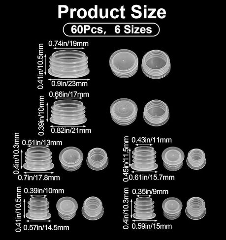 60 Pcs Salt and Pepper Stoppers Plugs, Clear Plastic Round End Caps for Bottles Spice Containers & Shaker Bottles, 6 Sizes (11/13/15/17/19/24 mm) in Kuwait