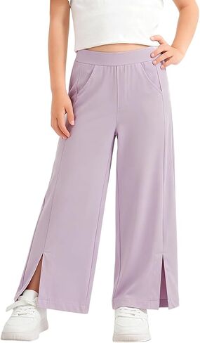 Girls Pants Split Hem Wide Leg Elastic Waist Sweatpants Loose Fit Casual Trousers Comfy Quick Dry Cloth Size 4-13T in Kuwait