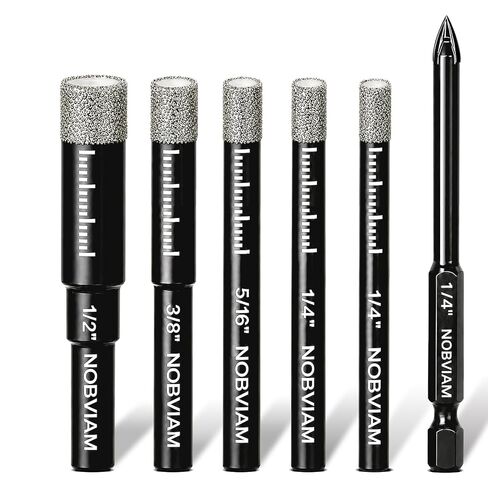 6-Piece Dry Diamond Drill Bit Set for Tile, Glass, Granite, Ceramic | 5 diamond hole saw bits + 1 carbide-tipped bit, vacuum-brazed grit, cooling wax, round shank, smooth holes, cleaner edges in Kuwait