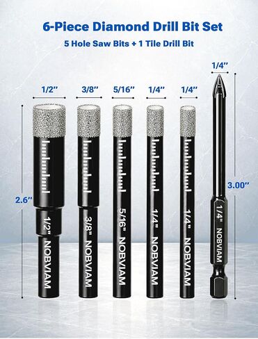 6-Piece Dry Diamond Drill Bit Set for Tile, Glass, Granite, Ceramic | 5 diamond hole saw bits + 1 carbide-tipped bit, vacuum-brazed grit, cooling wax, round shank, smooth holes, cleaner edges in Kuwait
