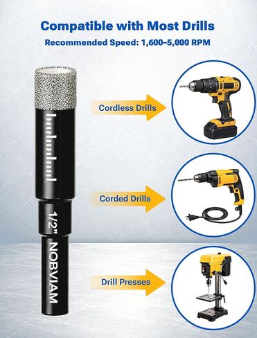 6-Piece Dry Diamond Drill Bit Set for Tile, Glass, Granite, Ceramic | 5 diamond hole saw bits + 1 carbide-tipped bit, vacuum-brazed grit, cooling wax, round shank, smooth holes, cleaner edges in Kuwait