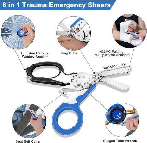 6 In 1 Multi-function Trauma Shears With Holster, Stainless Steel Foldable Emergency Response Shears, Outdoor Camping Medical Scissors Tools, Sheath With EMT Trauma Scissors（Black+Blue） in Kuwait