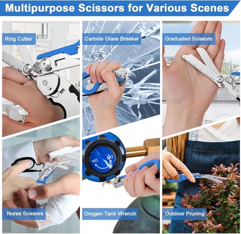 6 In 1 Multi-function Trauma Shears With Holster, Stainless Steel Foldable Emergency Response Shears, Outdoor Camping Medical Scissors Tools, Sheath With EMT Trauma Scissors（Black+Blue） in Kuwait