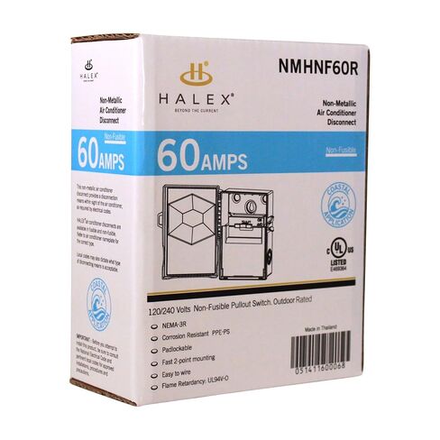 صندوق قطع التيار المتردد 60 أمبير من Halex في الهواء الطلق، مفتاح سحب NEMA 3R غير معدني مقاوم للتآكل، 120/240 فولت لمكيف الهواء، مضخة حرارية، قطع اتصال مقسم صغير، مدرج في قائمة UL، قابل للقفل (NMHNF60R) in Kuwait