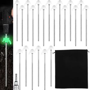 20 Pcs 12 Inch Tent Stakes Heavy Duty Grow in The Dark Tent Stakes Metal Screw in Camping Stakes with Luminous Head Ground Anchor Pegs with Hex Head Driver for Camping Inflatable Yard Decor
