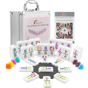 Kalolary Double 12 لعبة دومينو قطار مكسيكي، 91 قطعة من ألعاب الدومينو في علبة من الألومنيوم مع 9 وسادات نقاط لكتيب تعليمات القطارات ومركز على شكل مثمن (نمط الأرقام) in Kuwait