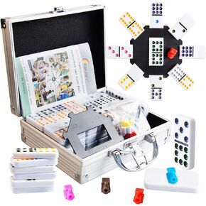 Kalolary Double 12 Mexican Train Dominoes, 91 Tiles Dot Dominoes Games in an Aluminum Case with 9 Trains Instruction Booklet Score Pads and Octagon Shape Hub (Dots Style)