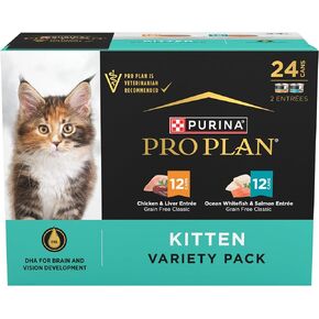 Purina Pro Plan Grain Free Chicken and Liver and Ocean Whitefish and Salmon 24 ct Kitten Wet Food Variety Pack - (24) 3.5 oz. Cans