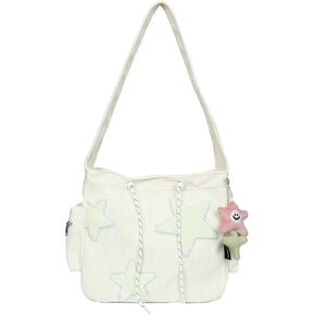 Corduroy Crossbody Bag for Women Y2k Aesthetic Star Patches Messenger Bag Cute Shoulder Tote Bag with Kawaii Pendant