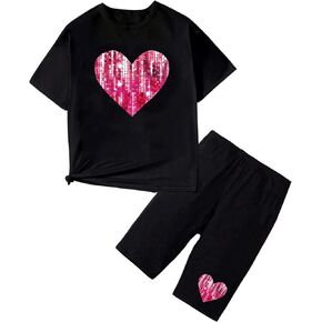 OYOANGLE Girl's 2 Piece Outfits Sequin Summer Casual Loose Short Sleeve T-shirt Top and Shorts