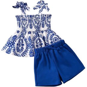 BEAUDRM Girl's Summer 2 Piece Outfits Knot Shoulder Ruffle Hem Shirred Cami Tops and Shorts Set